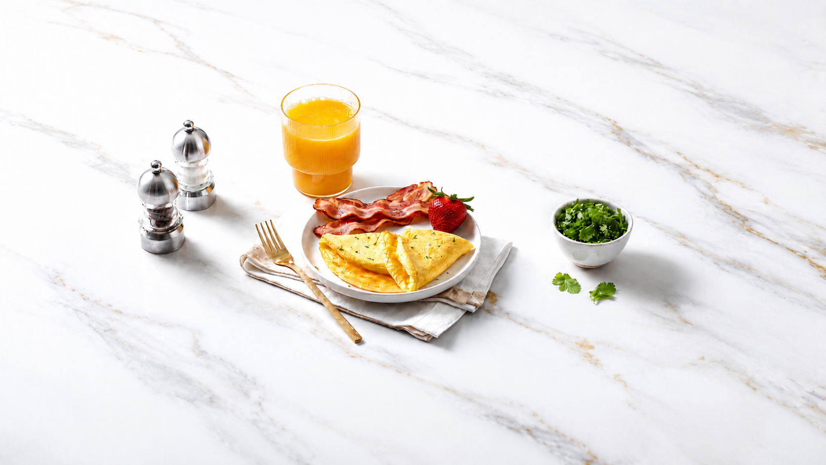 Breakfast plate with omelet, turkey bacon and orange juice